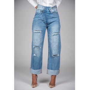 Asymmetrical Waist Denim Jeans - Brand New